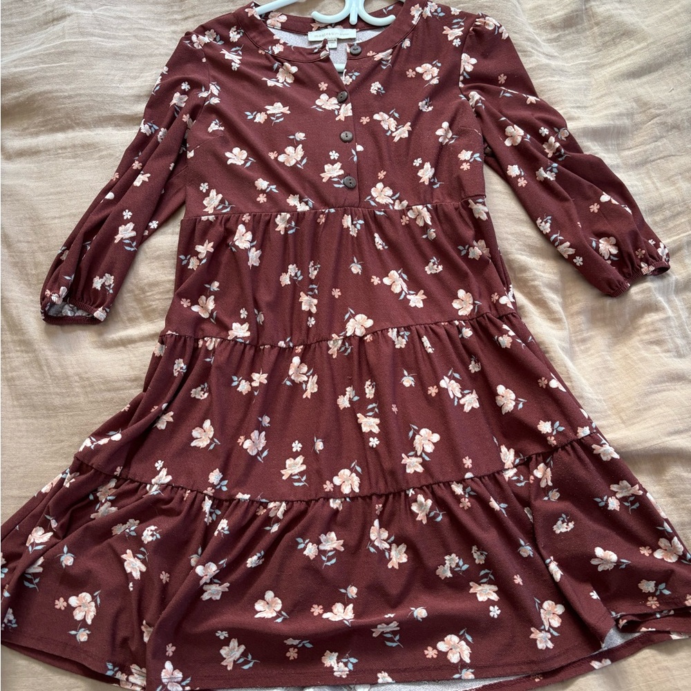Monteau Burgundy Floral Long Sleeve Dress